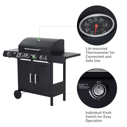 4-Burner Gas BBQ Grill with Side Burner & Easy-Move Wheels