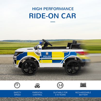 12V Electric Police Car Ride-On w/ Remote Siren & Bluetooth - Ages 3-6