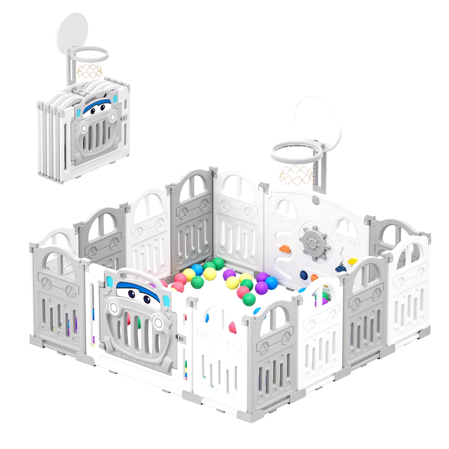 Ultimate Foldable Baby Playpen with Basketball Hoop & 50 Colorful Pit Balls - 14-Panel Toddler Play Fence
