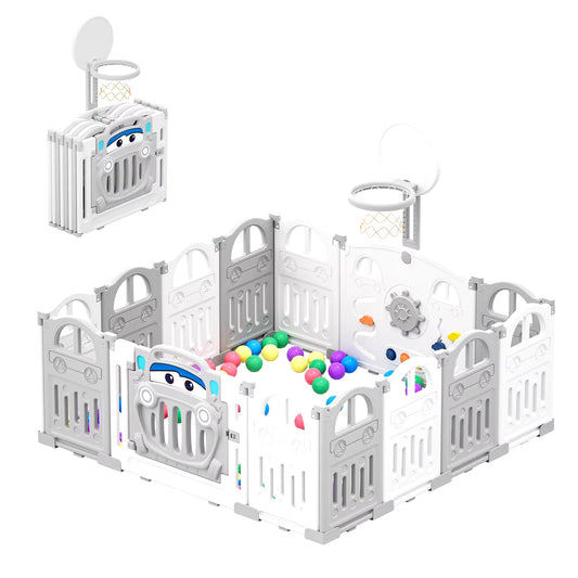 Ultimate Foldable Baby Playpen with Basketball Hoop & 50 Colorful Pit Balls - 14-Panel Toddler Play Fence