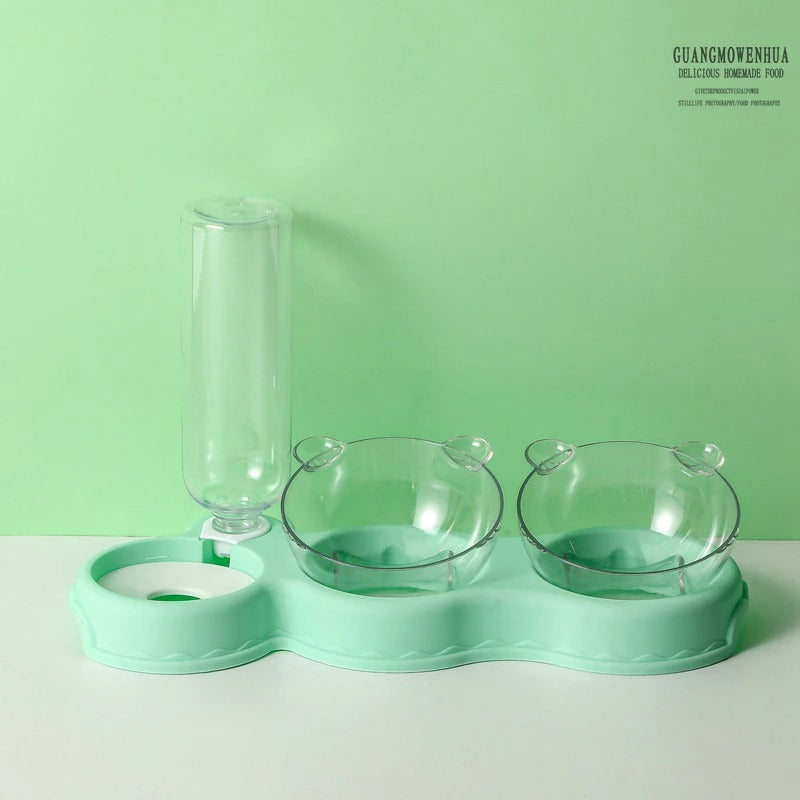 Cat Food Double Bowls Slow Feeder With Waterer Bottle