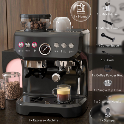Professional Espresso Machine: Integrated Grinder & Steam Wand - 15 Bar Power