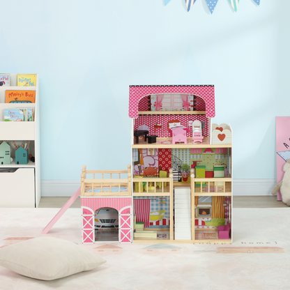 AIYAPLAY 3-Story Pink Dolls House with 13-Piece Wooden Furniture Set
