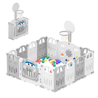 UBRAVOO Foldable Baby Playpen – 14-Panel Play Fence with Basketball Hoop & 50 Color Balls for Toddlers