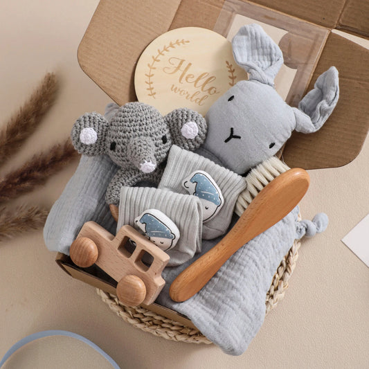 Animal New Born Baby Gift Set (0–6mths) in Grey Bunny & Elephant - 7 Piece Set