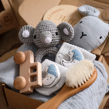 Animal New Born Baby Gift Set (0–6mths) in Grey Bunny & Elephant - 7 Piece Set