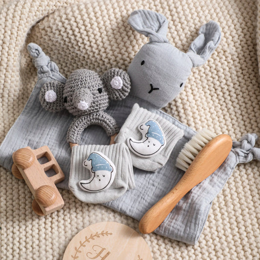 Animal New Born Baby Gift Set (0–6mths) in Grey Bunny & Elephant - 7 Piece Set