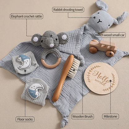 Animal New Born Baby Gift Set (0–6mths) in Grey Bunny & Elephant - 7 Piece Set
