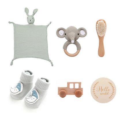 Animal New Born Baby Gift Set (0–6mths) in Grey Bunny & Elephant - 7 Piece Set