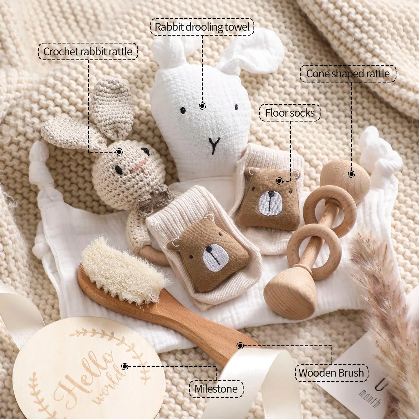 Animal New Born Baby Gift Set (0–6mths) in Natural Bear & Bunny - 7 Piece Set