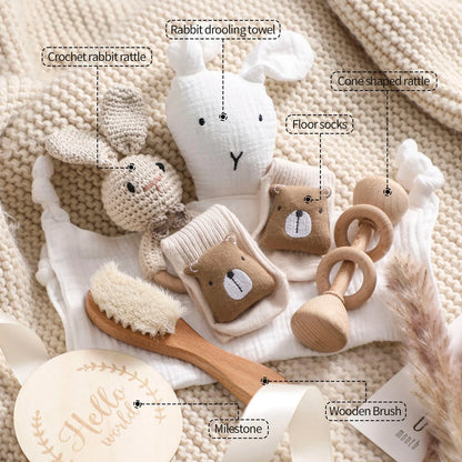 Animal New Born Baby Gift Set (0–6mths) in Natural Bear & Bunny - 7 Piece Set