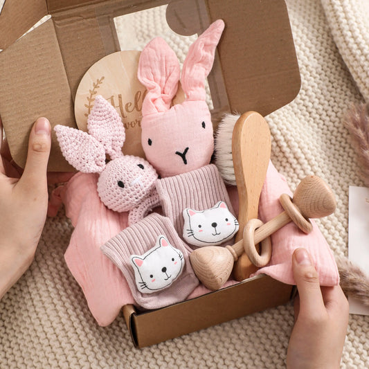 Animal New Born Baby Gift Set (0–6mths) in Pink Bunny & Cat - 7 Piece Set