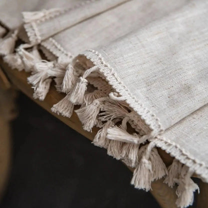 Beige Linen Farmhouse Tassel Tablecloth - 8 Sizes