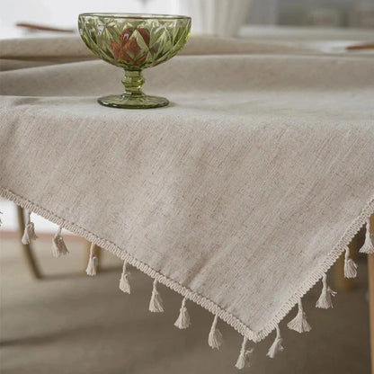 Beige Linen Farmhouse Tassel Tablecloth - 8 Sizes