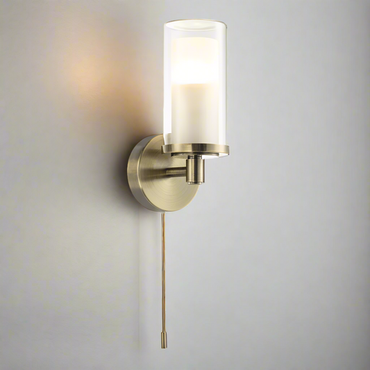 Modern Double Glass Bathroom Wall Light in Antique Brass IP44 Rated