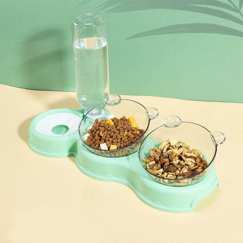 Cat Food Double Bowls Slow Feeder With Waterer Bottle