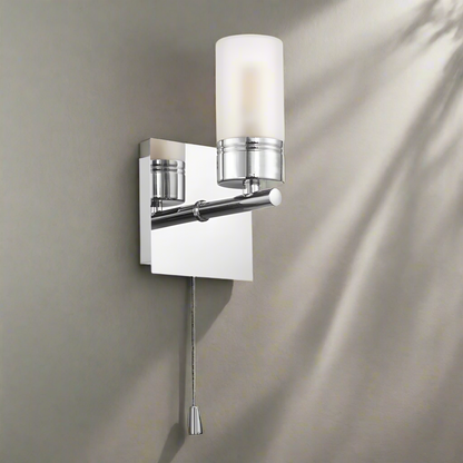 Modern Tubular Bathroom Wall Light with Glass Shade in Polished Chrome IP44 Rated