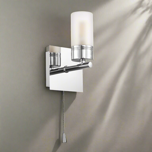 Modern Tubular Bathroom Wall Light with Glass Shade in Polished Chrome IP44 Rated