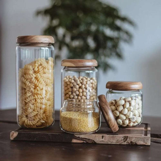 Clear Glass Food Storage Container With Wood Lid - 4 Sizes