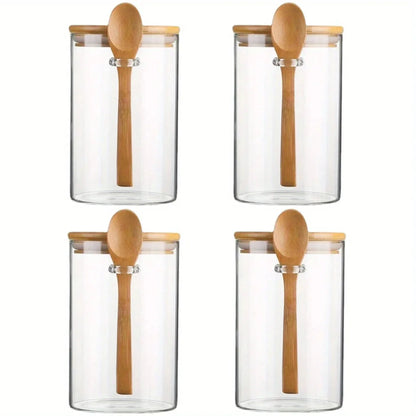 Clear Glass Storage Containers With Airtight Lid & Wooden Spoon - 540ml
