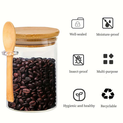 Clear Glass Storage Containers With Airtight Lid & Wooden Spoon - 540ml