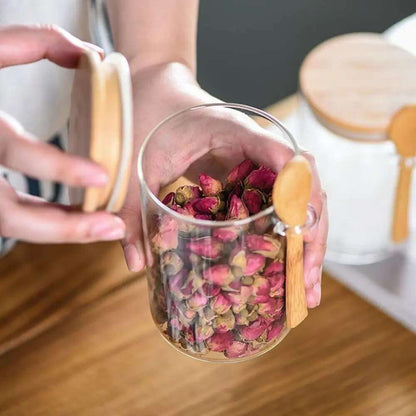 Clear Glass Storage Containers With Airtight Lid & Wooden Spoon - 540ml