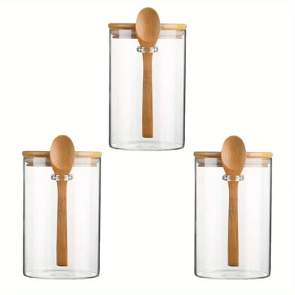 Clear Glass Storage Containers With Airtight Lid & Wooden Spoon - 540ml