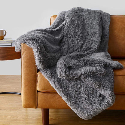 Cosy Winter Faux Fur Fleece Sherpa Throw - Grey, Ivory, White & Black
