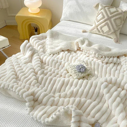 Double Sided Luxury Tuscan Faux Rabbit Fur With Pom Poms - White, Pink, Mauve