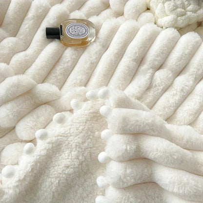 Double Sided Luxury Tuscan Faux Rabbit Fur With Pom Poms - White, Pink, Mauve