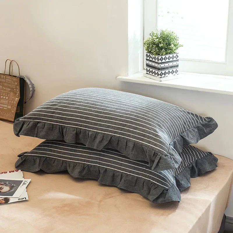 Frilled Farmhouse Style Washed Cotton Pillowcase (Pattern) Set of 2 - Plaid & Stripe Patterns