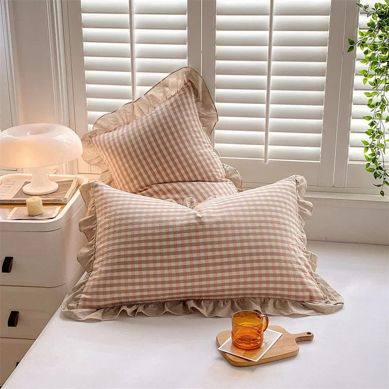 Frilled Farmhouse Style Washed Cotton Pillowcase (Pattern) Set of 2 - Plaid & Stripe Patterns