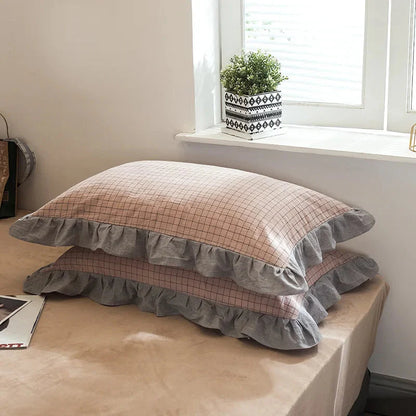 Frilled Farmhouse Style Washed Cotton Pillowcase (Pattern) Set of 2 - Plaid & Stripe Patterns