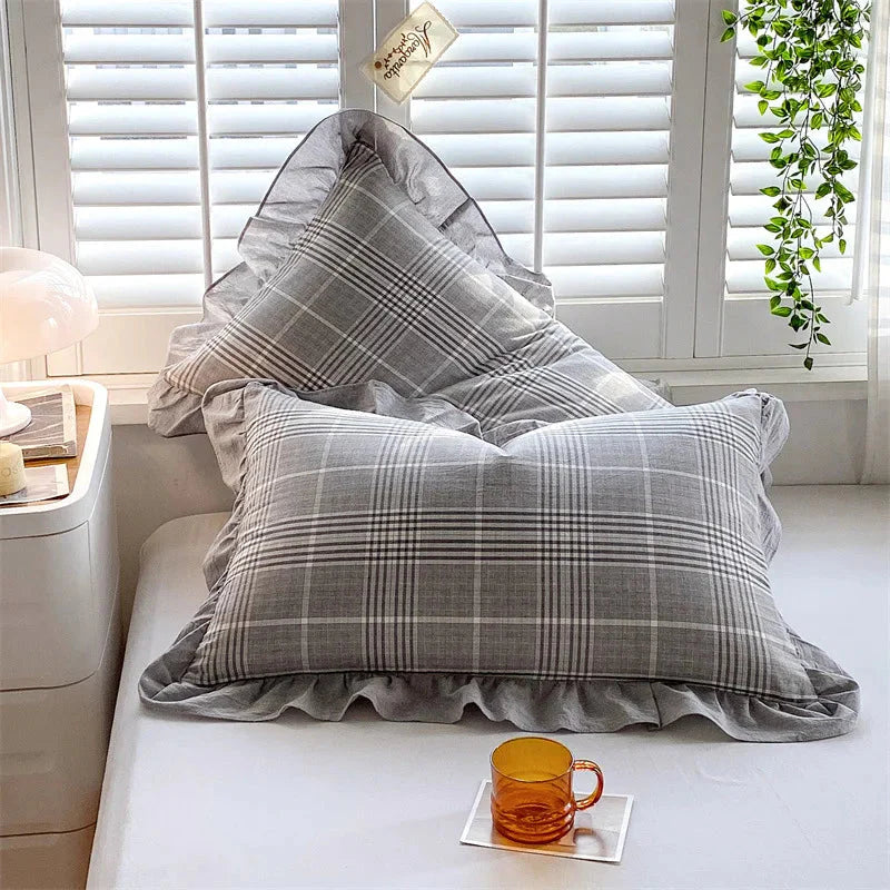 Frilled Farmhouse Style Washed Cotton Pillowcase (Pattern) Set of 2 - Plaid & Stripe Patterns