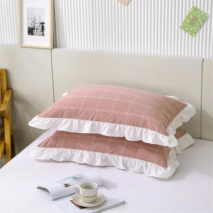 Frilled Farmhouse Style Washed Cotton Pillowcase (Pattern) Set of 2 - Plaid & Stripe Patterns