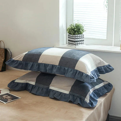 Frilled Farmhouse Style Washed Cotton Pillowcase (Pattern) Set of 2 - Plaid & Stripe Patterns