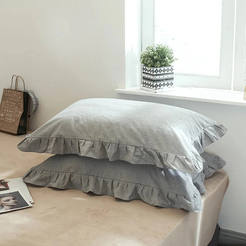 Frilled Farmhouse Style Washed Cotton Pillowcase (Plain) Set of 2 - White, Grey, Blue & Green