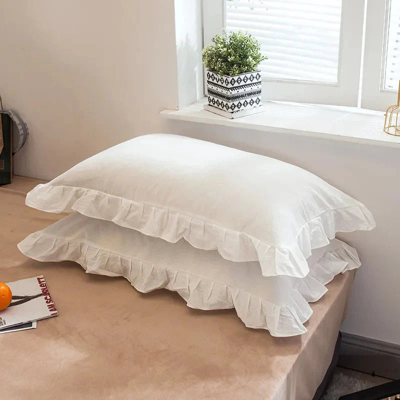 Frilled Farmhouse Style Washed Cotton Pillowcase (Plain) Set of 2 - White, Grey, Blue & Green