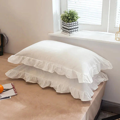 Frilled Farmhouse Style Washed Cotton Pillowcase (Plain) Set of 2 - White, Grey, Blue & Green