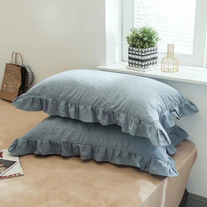 Frilled Farmhouse Style Washed Cotton Pillowcase (Plain) Set of 2 - White, Grey, Blue & Green