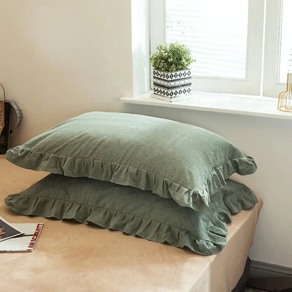 Frilled Farmhouse Style Washed Cotton Pillowcase (Plain) Set of 2 - White, Grey, Blue & Green