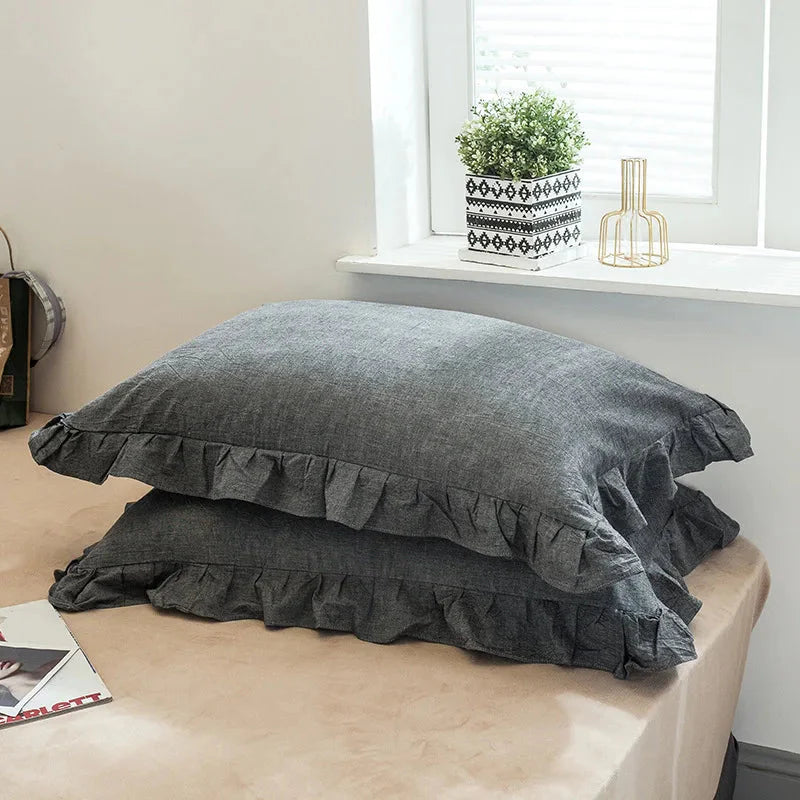 Frilled Farmhouse Style Washed Cotton Pillowcase (Plain) Set of 2 - White, Grey, Blue & Green