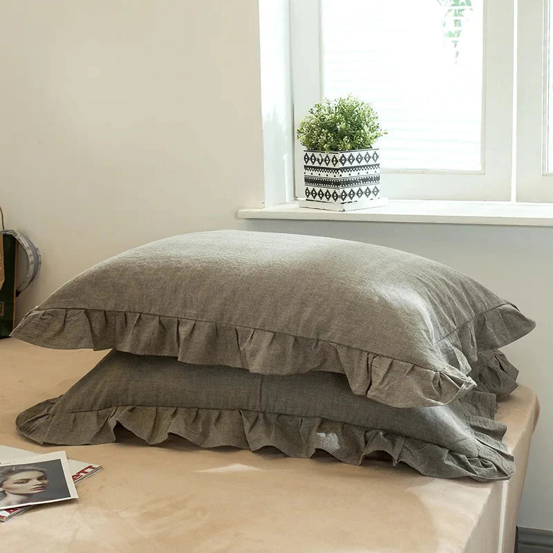 Frilled Farmhouse Style Washed Cotton Pillowcase (Plain) Set of 2 - White, Grey, Blue & Green