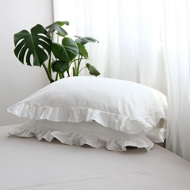 Frilled Farmhouse Style Washed Cotton Pillowcase (Plain) Set of 2 - White, Grey, Blue & Green