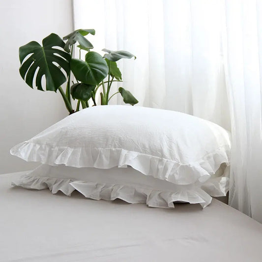 Frilled Farmhouse Style Washed Cotton Pillowcase (Plain) Set of 2 - White, Grey, Blue & Green