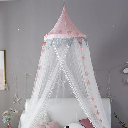 Kids Bed Canopy With Pom Pom Detail - Pink, Blue & Grey