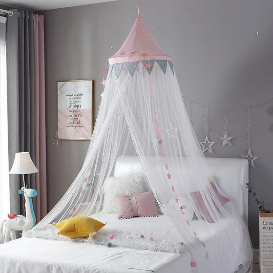 Kids Bed Canopy With Pom Pom Detail - Pink, Blue & Grey
