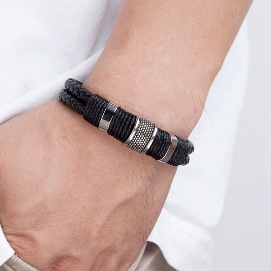 Woven Leather & Stainless Steel Bracelet