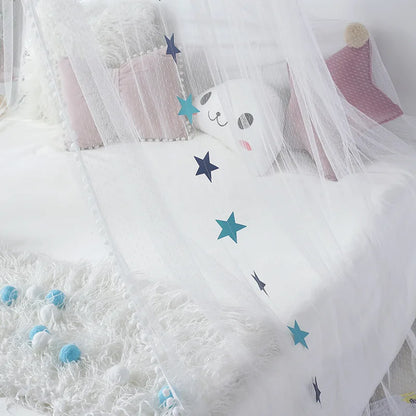 Kids Bed Canopy With Pom Pom Detail - Pink, Blue & Grey