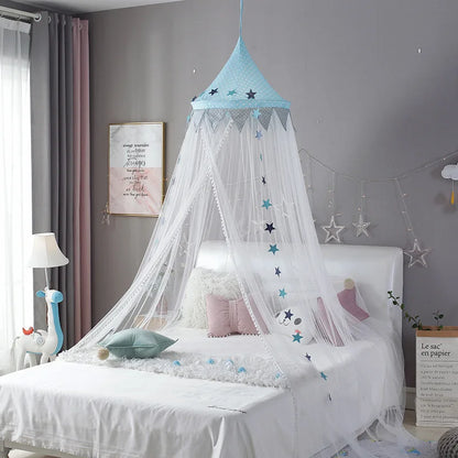 Kids Bed Canopy With Pom Pom Detail - Pink, Blue & Grey
